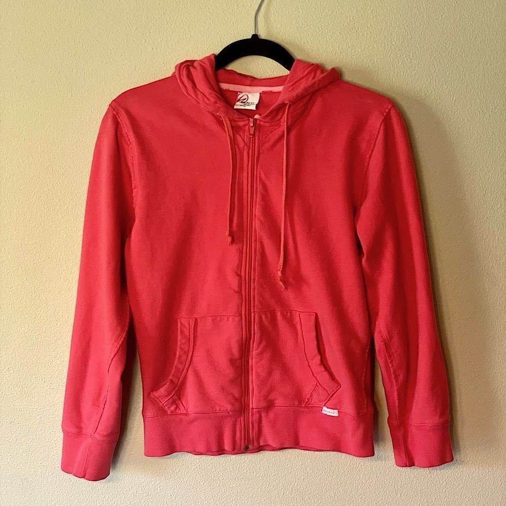 Beach Rays, Long-Sleeve, Pink, Zip-Up Hoodie with Rough-Hem. Size Medium.